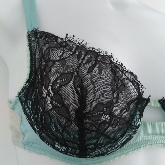 Badgley Mischka Satin Blue Black Lace Bra - Picture 2 of 6